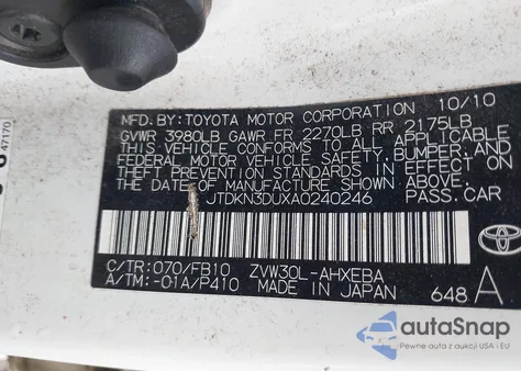 2010 Toyota Prius Ii z USA, uszkodzony, nr VIN JTDKN3DUXA0240246